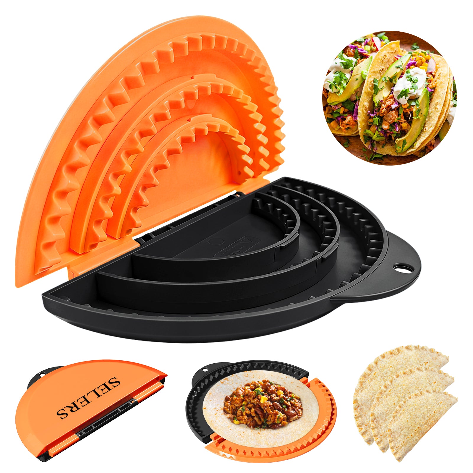 Tortilla Sealer,SELERS,Tacos Tortilla Crimper Maker Large,Removable & Adjustable,Quesadilla Crimper for 4''-12'' Wraps, Burritos,Pasties,Tortilla,Dumplings,Sandwich,Black Orange (6"+8"+10")