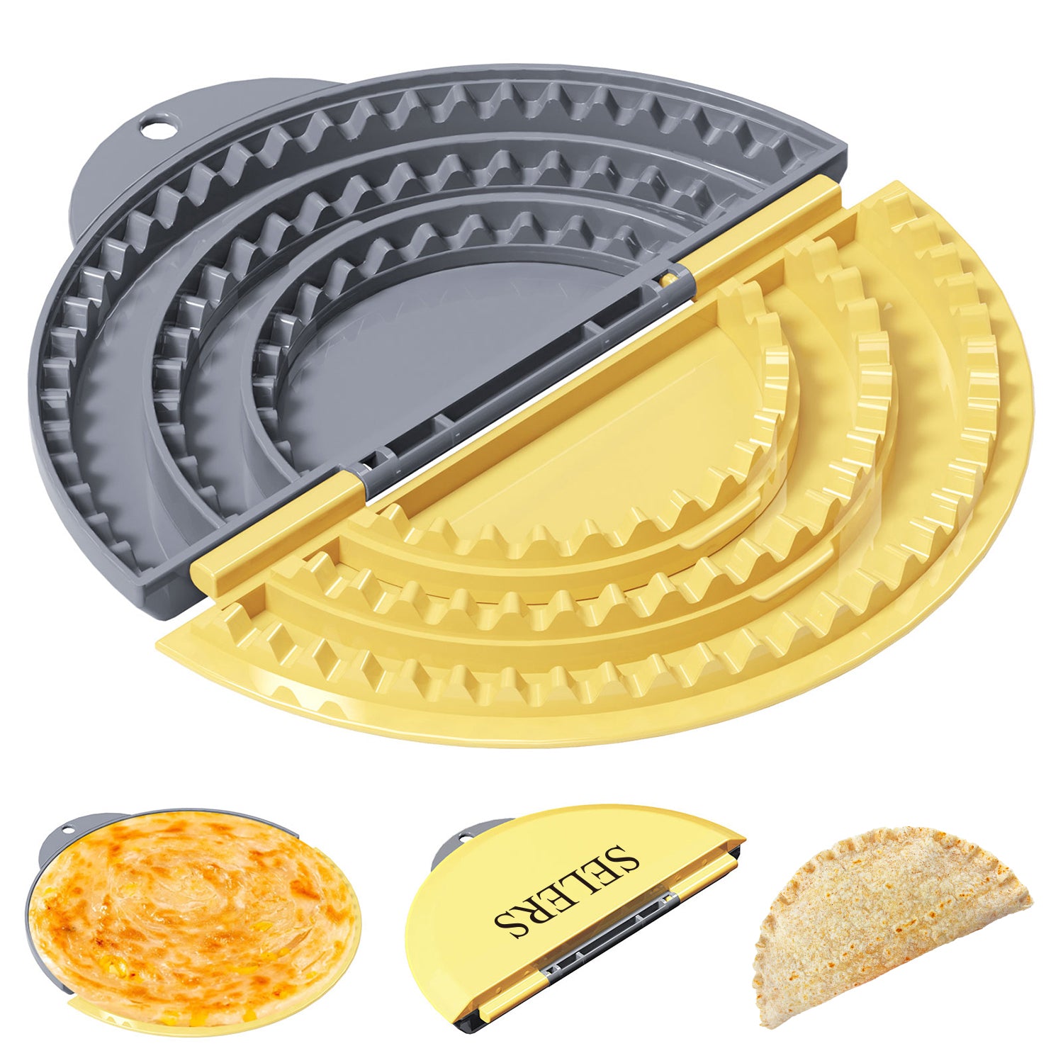 Tortilla Sealer,SELERS,Tacos tortilla crimper Maker Large,Adjustable 6"-8''-10" Crust,Quesadilla crimper for 6''-8''-10''-12''wraps,Tortilla,Dumplings,Sandwich,Grey Yellow