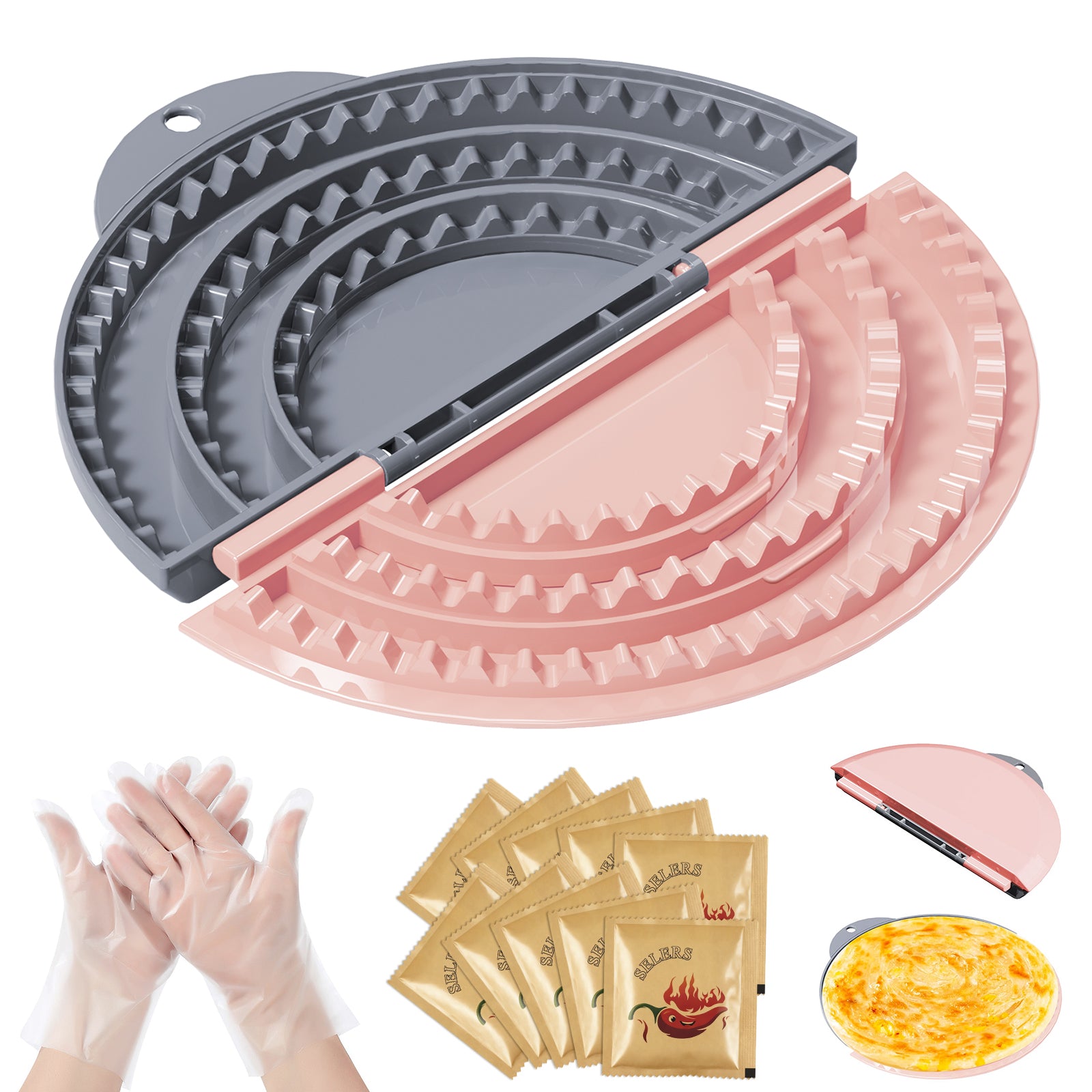 Tortilla Sealer + 10PCS Disposable Gloves Set,SELERS,Tacos tortilla crimper Maker, Adjustable 4"-6''-8" Crust,For 4‘’-6‘’8‘’10‘’ wraps,Burritos,Tortilla,Dumplings,Sandwich,Grey Pink
