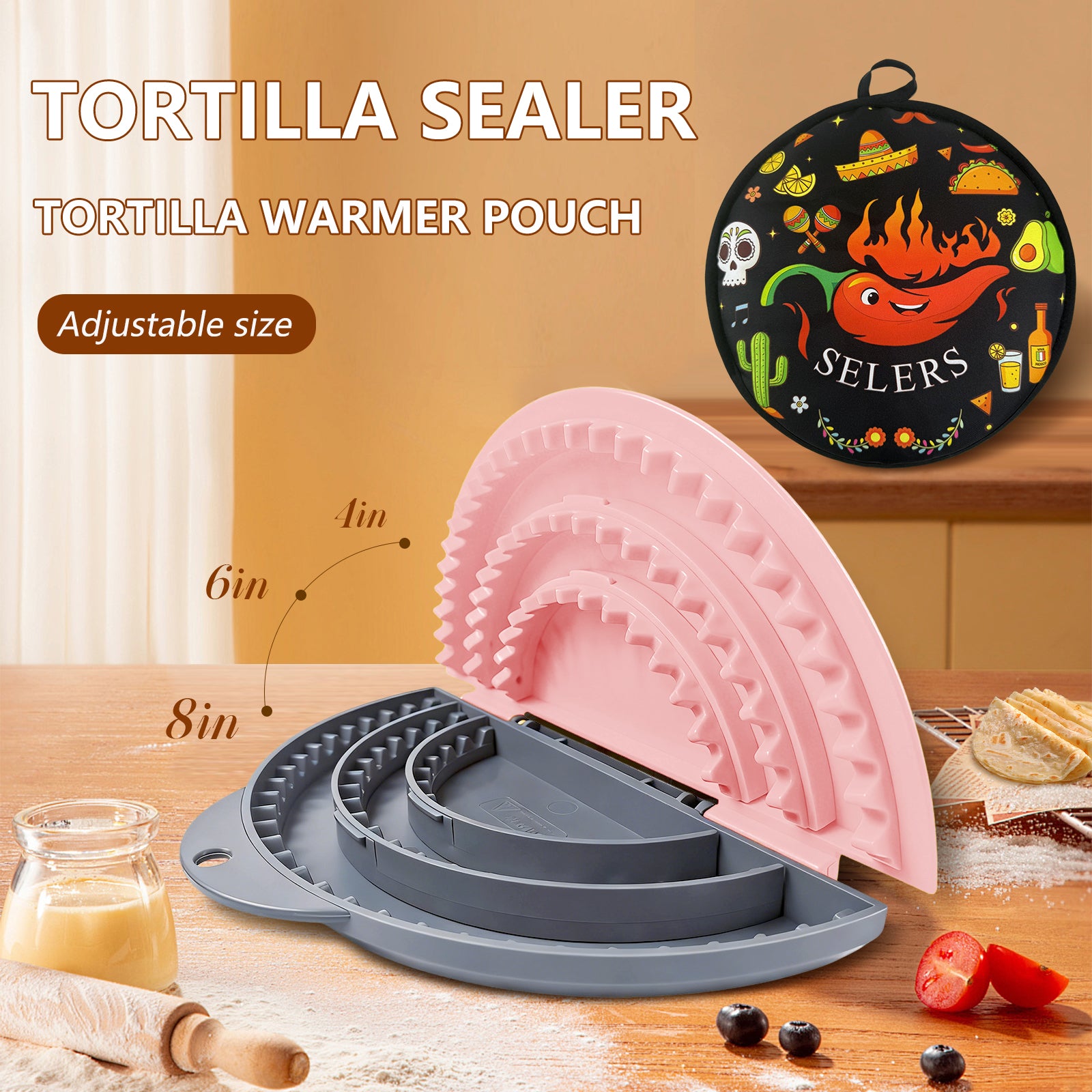 Tortilla Sealer + 12 Inch Tortilla Warmer Pouch Set, SELERS, Tacos tortilla crimper Maker, Removable & Adjustable Small Sealer, For 4-10" Flour Tortillas, For Pasties, Dumplings, Sandwich, Grey Pink
