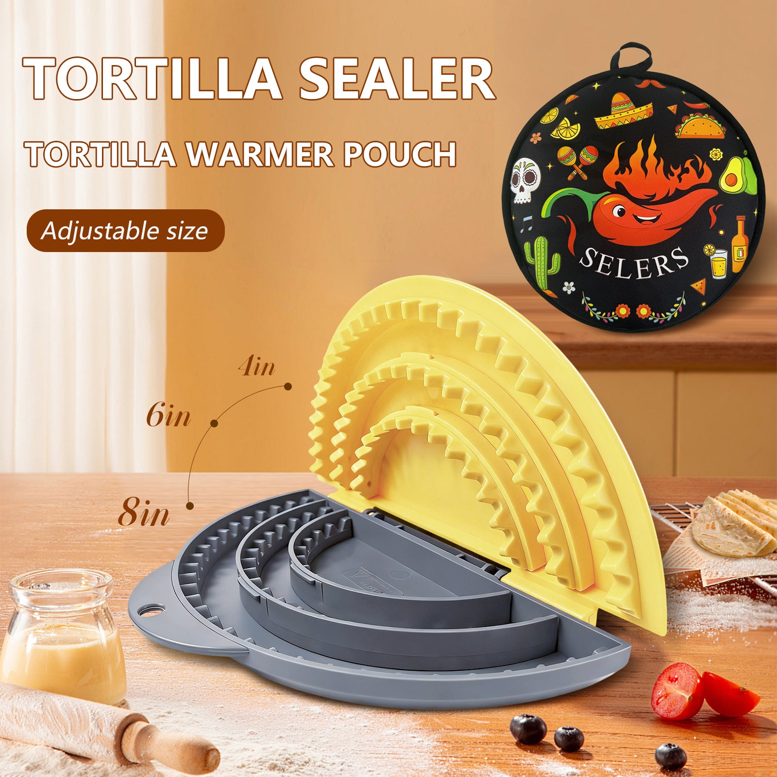 Tortilla Sealer + 12 Inch Tortilla Warmer Pouch Set,SELERS,Tacos tortilla crimper Maker,Removable & Adjustable Small Sealer,For 4-10" Flour Tortillas,For Pasties,Dumplings,Sandwich,Grey Yellow