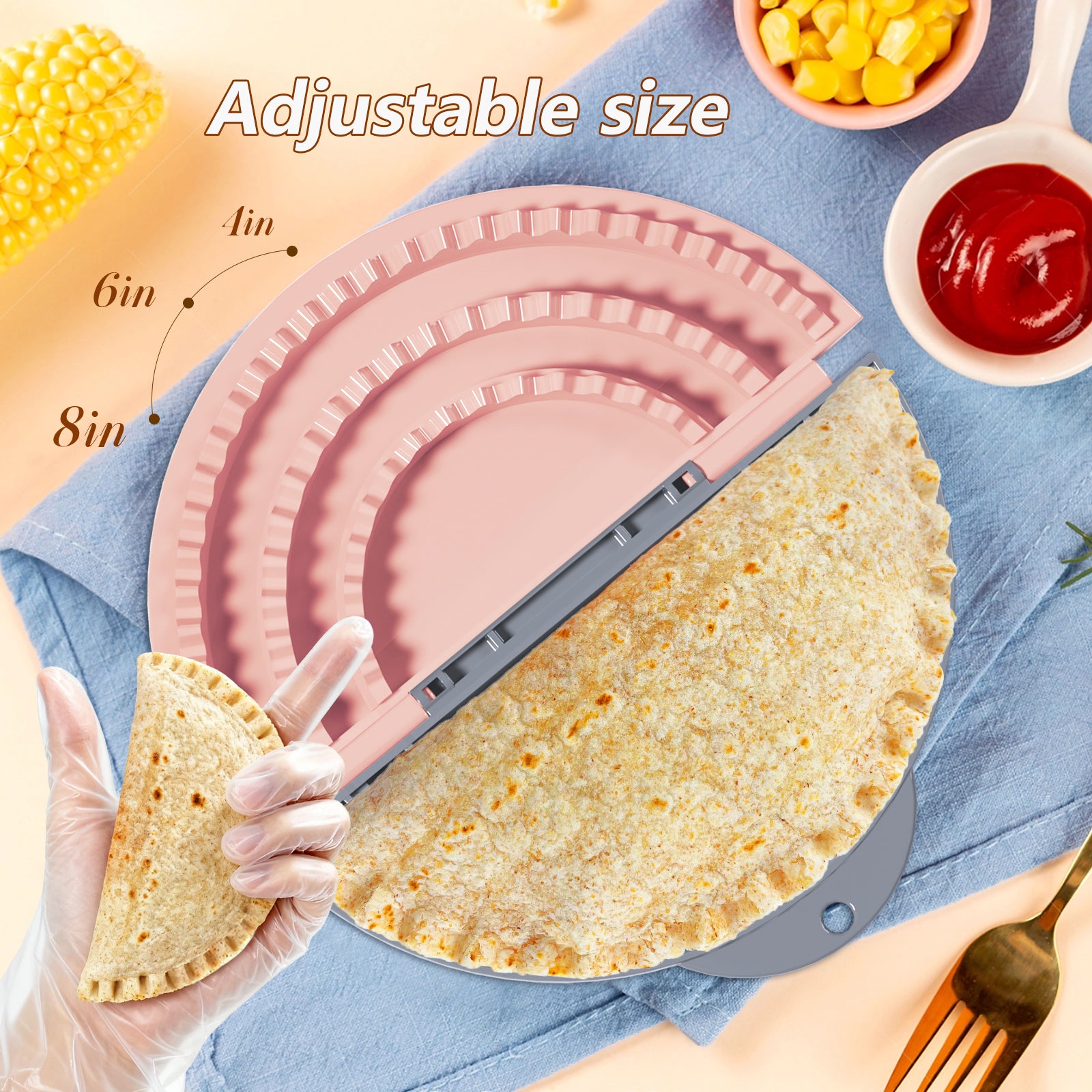 Tortilla Sealer + 10PCS Disposable Gloves Set,SELERS,Tacos tortilla crimper Maker, Adjustable 4"-6''-8" Crust,For 4‘’-6‘’8‘’10‘’ wraps,Burritos,Tortilla,Dumplings,Sandwich,Grey Pink