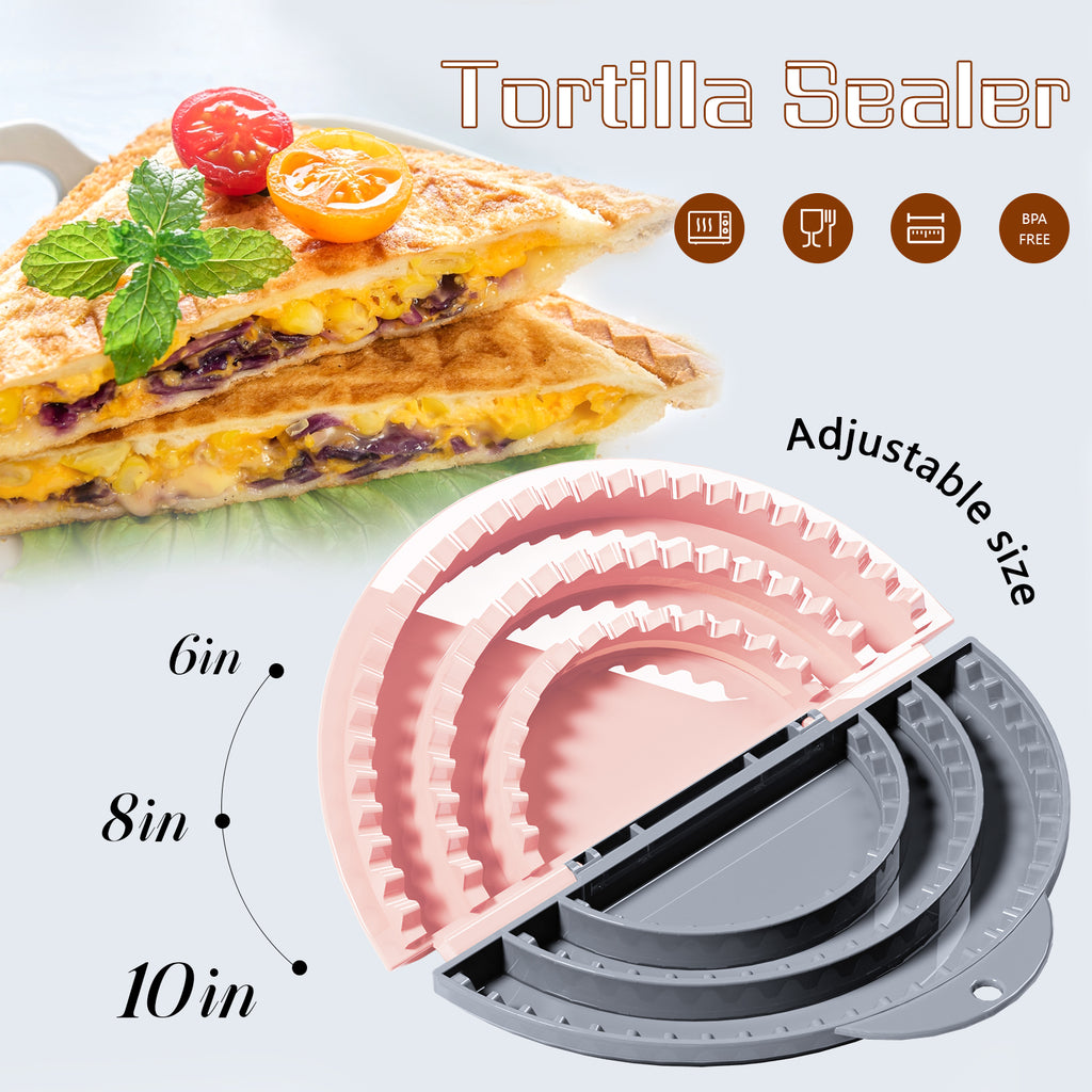 Tortilla Sealer,SELERS,Tacos tortilla crimper Maker Large,Adjustable Crust,Quesadilla Maker for 8''-10''-12''wraps Burritos,Pasties,Tortilla,Dumplings,Sandwich,Grey Pink (Grey Pink, 6"+8"+10")