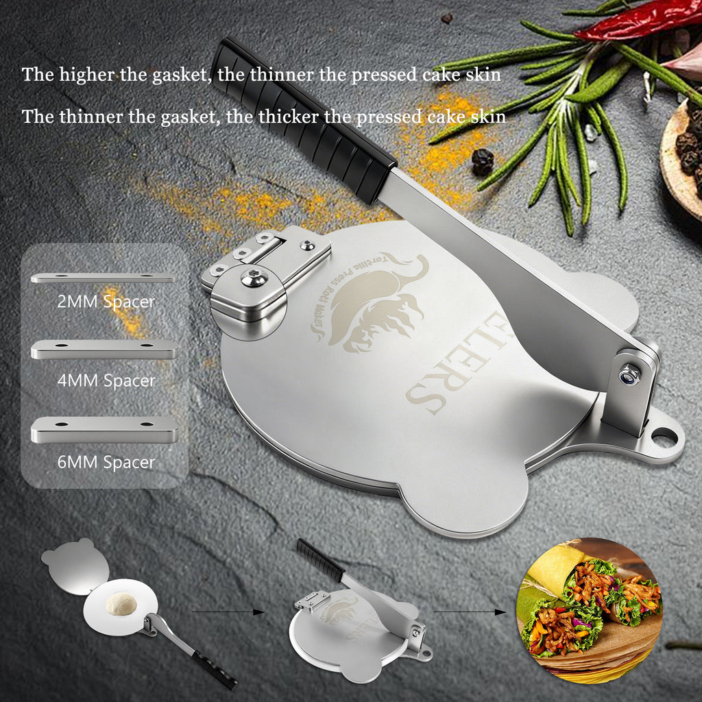 Tortilla Press Stainless Steel，SELERS,Heavy Duty, Adjustable To Press Different Thickness Of Crust, Removable, For Flour Tortilla, Roti, Flatbreads, Taco, Pie, Silver (8.5 inch)
