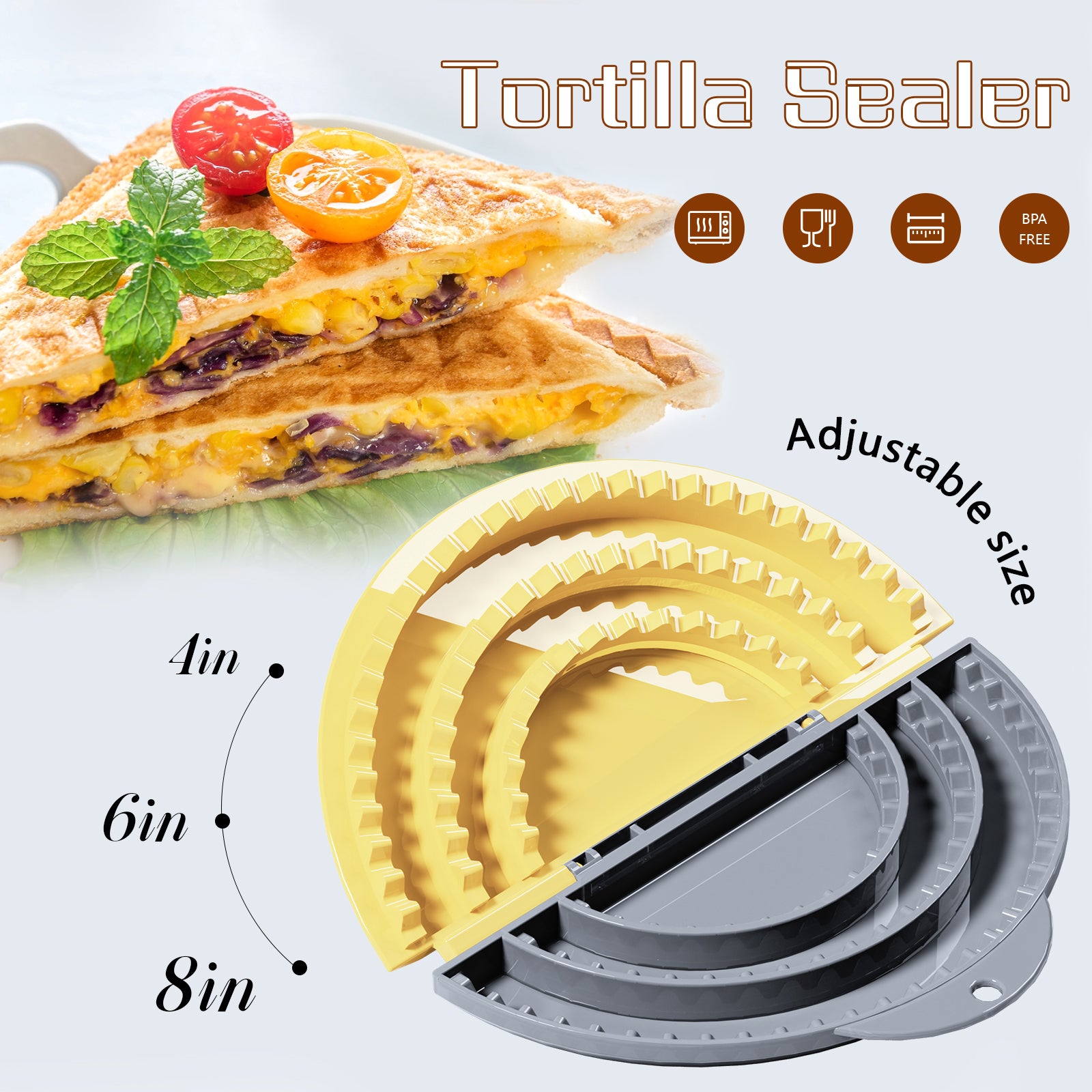 Tortilla Sealer,SELERS,Tacos tortilla crimper Maker Large,Removable & Adjustable Crust,Quesadilla crimper for 4''-6''-8''-10 Wraps, Burritos,Pasties,Tortilla,Dumplings,Sandwich,Grey Yellow