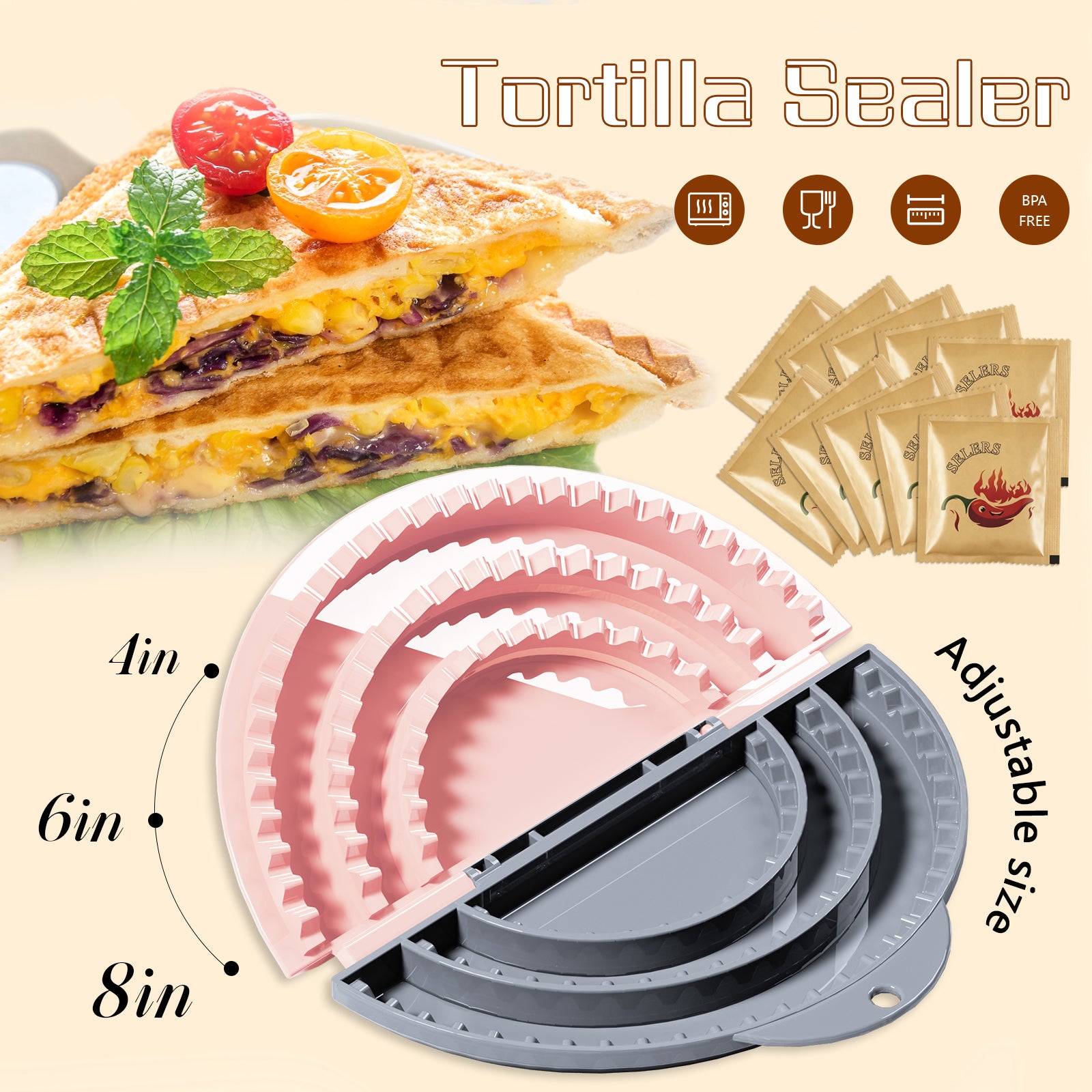 Tortilla Sealer + 10PCS Disposable Gloves Set,SELERS,Tacos tortilla crimper Maker, Adjustable 4"-6''-8" Crust,For 4‘’-6‘’8‘’10‘’ wraps,Burritos,Tortilla,Dumplings,Sandwich,Grey Pink