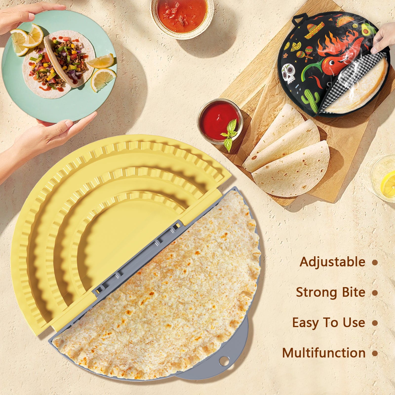 Tortilla Sealer + 12 Inch Tortilla Warmer Pouch Set,SELERS,Tacos tortilla crimper Maker,Removable & Adjustable Small Sealer,For 4-10" Flour Tortillas,For Pasties,Dumplings,Sandwich,Grey Yellow