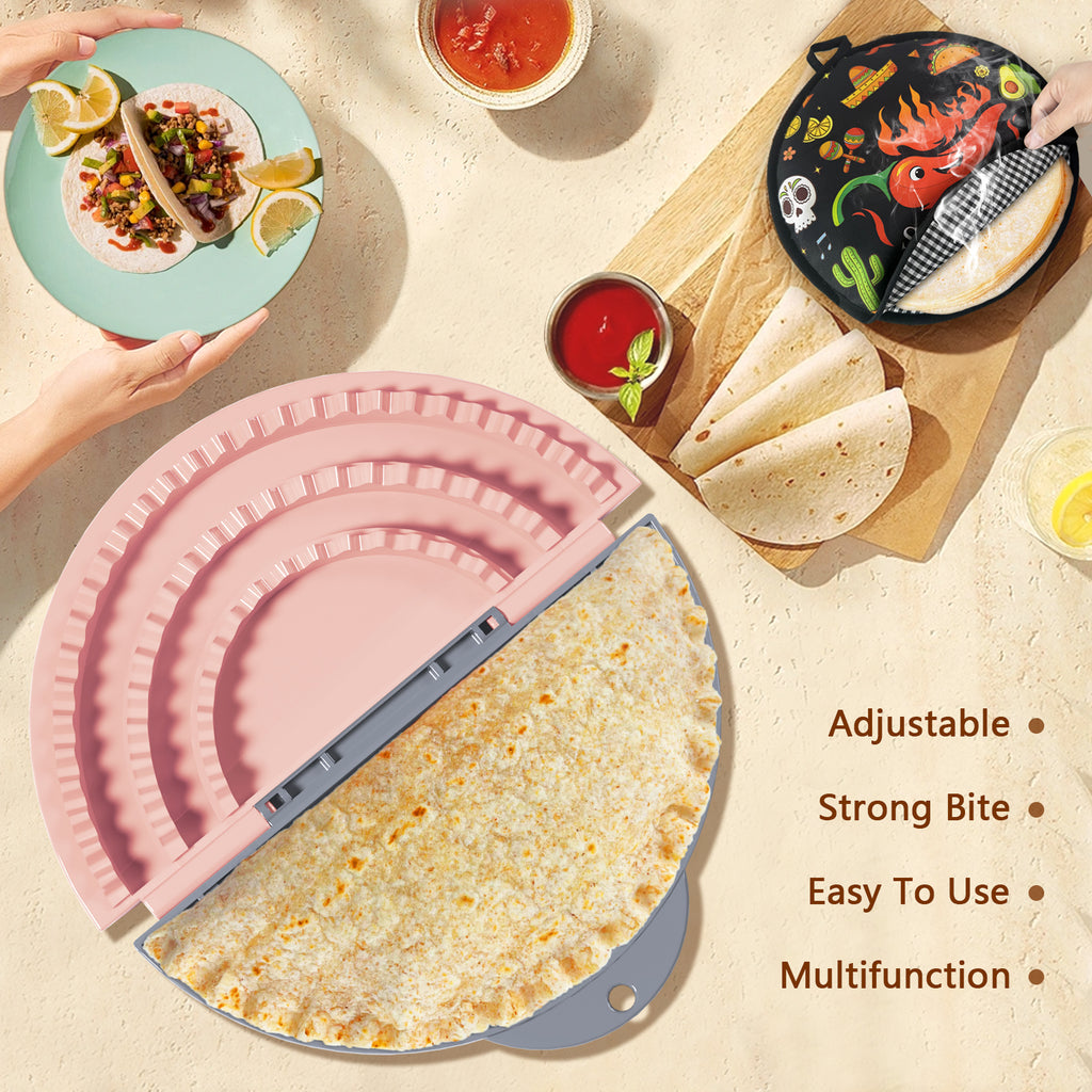 Tortilla Sealer + 12 Inch Tortilla Warmer Pouch Set, SELERS, Tacos tortilla crimper Maker, Removable & Adjustable Small Sealer, For 4-10" Flour Tortillas, For Pasties, Dumplings, Sandwich, Grey Pink