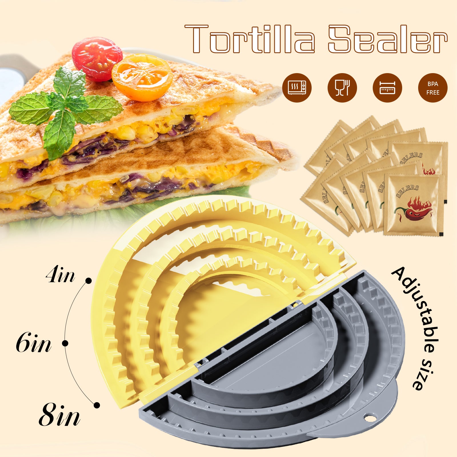 Tortilla Sealer + 10PCS Disposable Gloves Set,SELERS,quesadilla tortilla crimper Maker, Adjustable 4"-6''-8" Crust,For 4''-6''-8''-10'' Wrap,Burritos,Tortilla,Dumplings,Sandwich,Grey Yellow