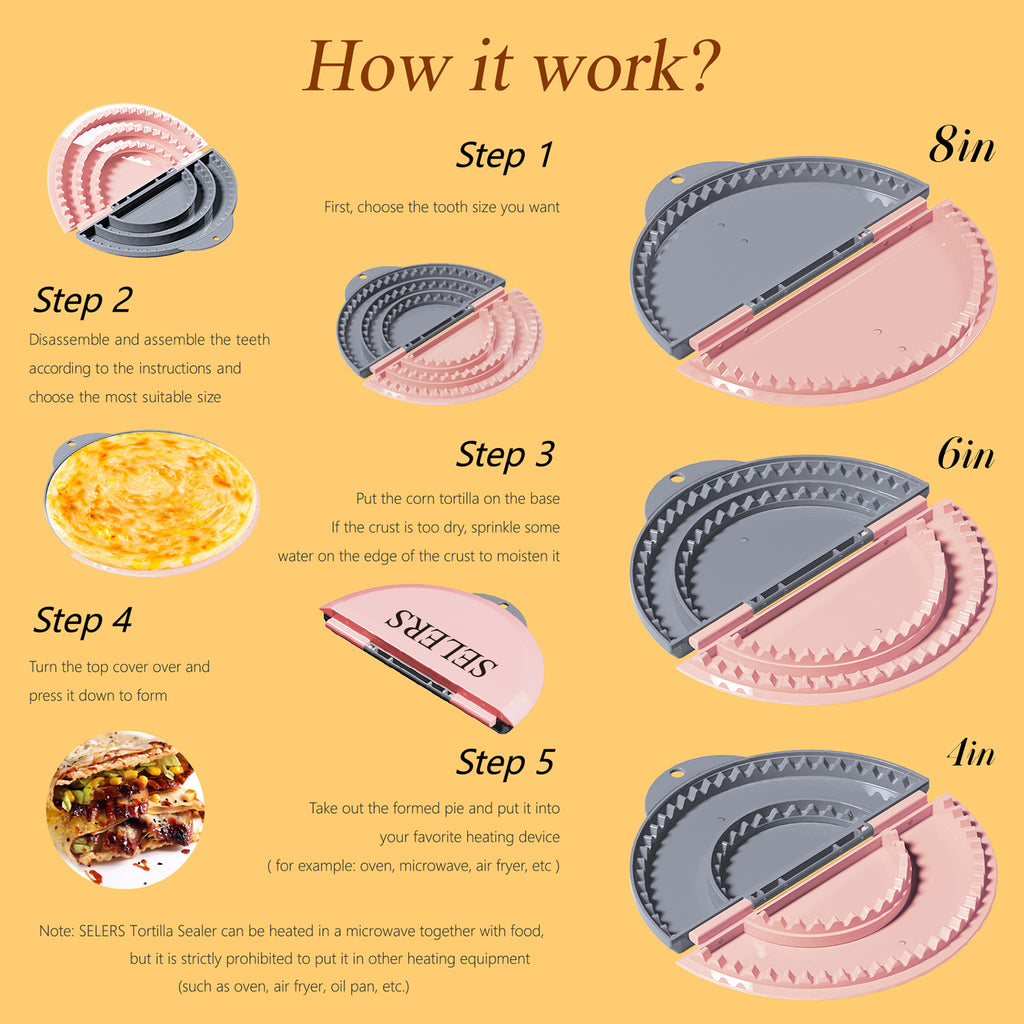 Tortilla Sealer,SELERS,Tacos tortilla crimper Maker Large,Removable & Adjustable 4"-6''-8" Crust,For Burritos,Pasties,Tortilla,Dumplings,Sandwich,Grey Pink (Grey Pink, 4"+6"+8")