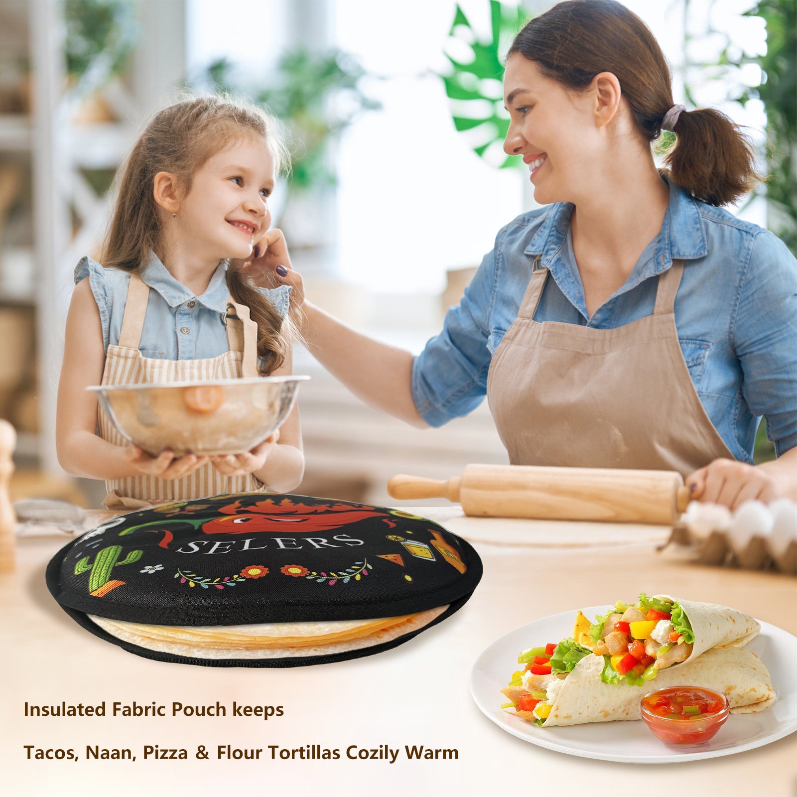 12 Inch Tortilla Warmer Pouch, Insulated and Microwaveable, Fabric Pouch Keeps Warm, for Tortillas, Tacos, Pizza, Bread up to One Hour, Black
