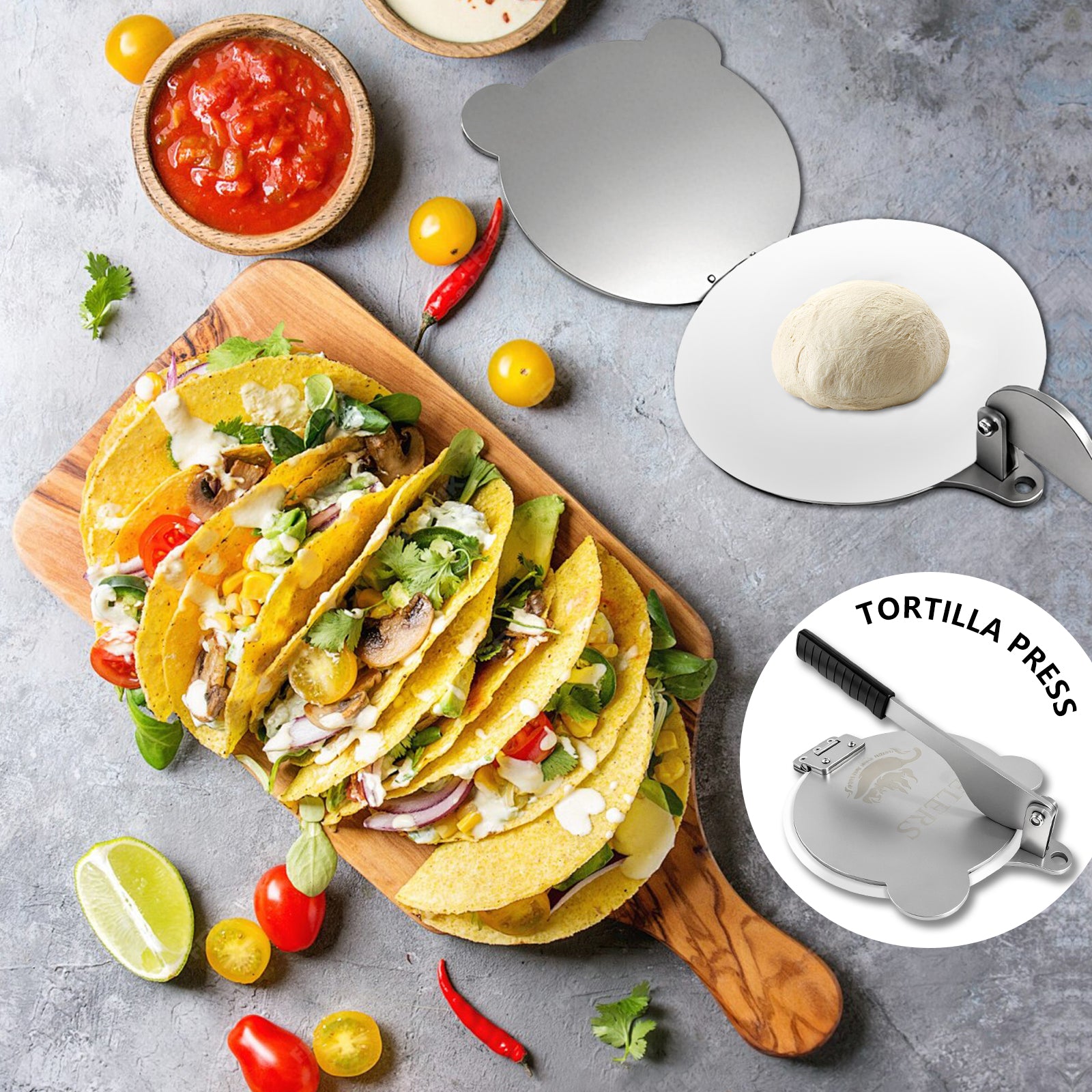 Tortilla Press Stainless Steel，SELERS,Heavy Duty, Adjustable To Press Different Thickness Of Crust, Removable, For Flour Tortilla, Roti, Flatbreads, Taco, Pie, Silver (10.5 inch)
