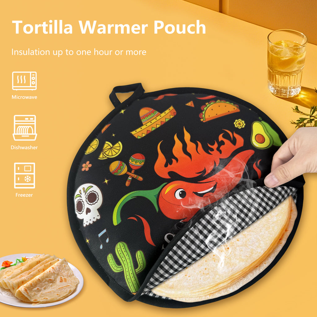 12 Inch Tortilla Warmer Pouch, Insulated and Microwaveable, Fabric Pouch Keeps Warm, for Tortillas, Tacos, Pizza, Bread up to One Hour, Black