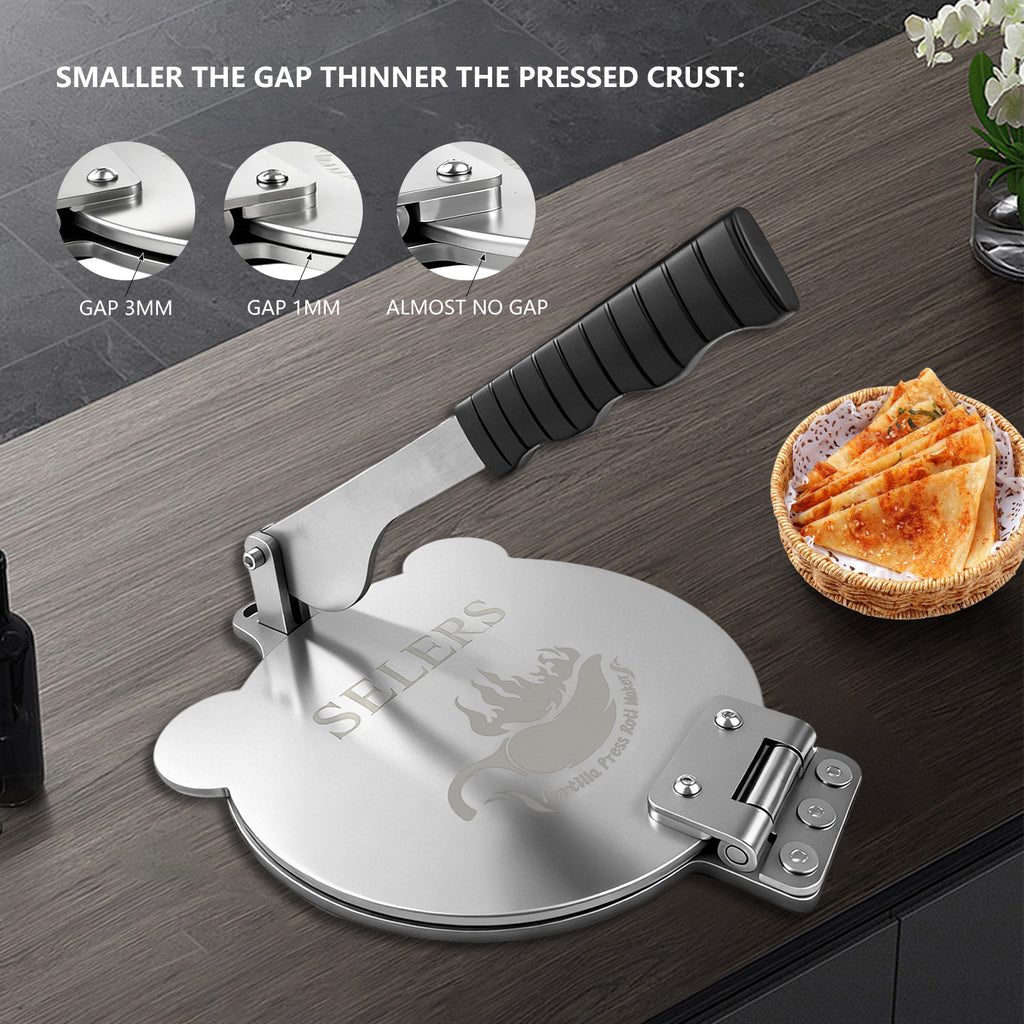 Tortilla Press Stainless Steel，SELERS,Heavy Duty, Adjustable To Press Different Thickness Of Crust, Removable, For Flour Tortilla, Roti, Flatbreads, Taco, Pie, Silver (8.5 inch)