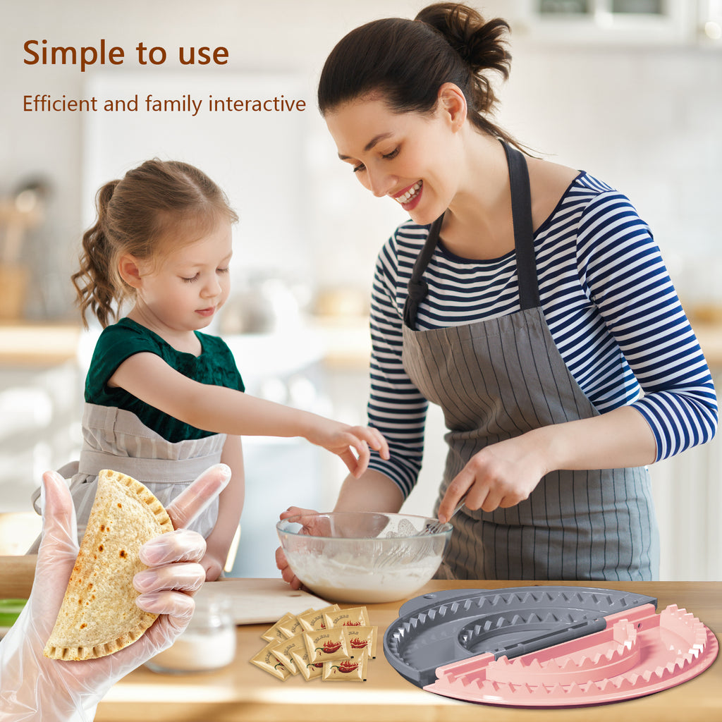 Tortilla Sealer + 10PCS Disposable Gloves Set,SELERS,Tacos tortilla crimper Maker, Adjustable 4"-6''-8" Crust,For 4‘’-6‘’8‘’10‘’ wraps,Burritos,Tortilla,Dumplings,Sandwich,Grey Pink