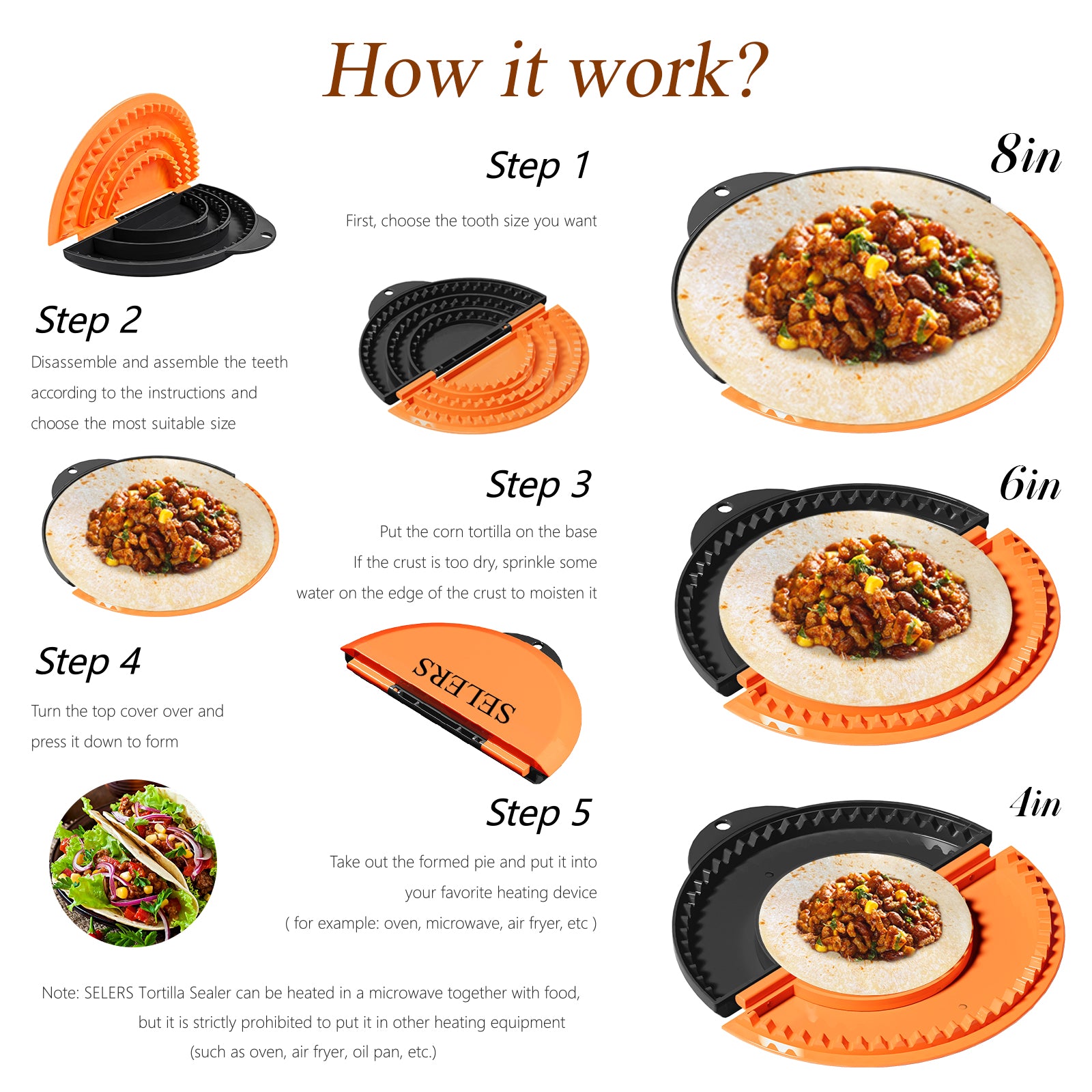 Tortilla Sealer,SELERS,Tacos Tortilla Crimper Maker Large,Removable & Adjustable,Quesadilla Crimper for 4''-12'' Wraps, Burritos,Pasties,Tortilla,Dumplings,Sandwich,Black Orange (4"+6"+8")