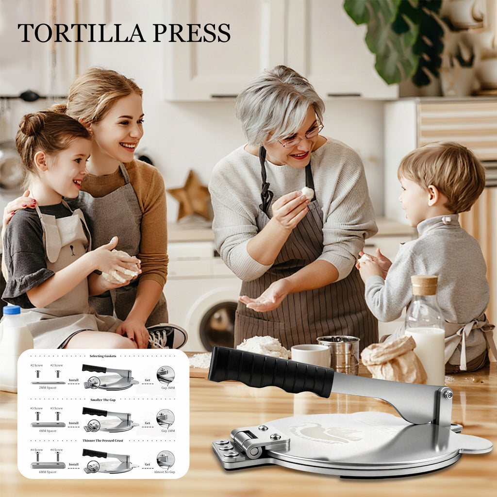 Tortilla Press Stainless Steel，SELERS,Heavy Duty, Adjustable To Press Different Thickness Of Crust, Removable, For Flour Tortilla, Roti, Flatbreads, Taco, Pie, Silver (8.5 inch)