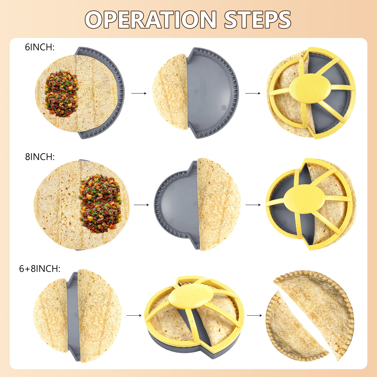 SELERS Tortilla Sealer, Large Capacity Quesadilla Crimper, 2-in-1 6"+8'', for 6-12'' Flour Tortillas, Make Stuffed Pastries, Tacos, Tortilla, Dumplings, Pierogi