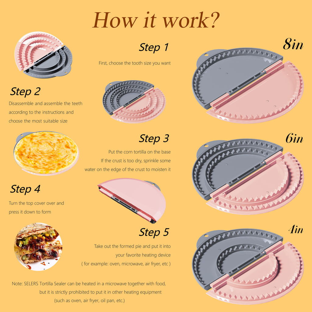 Tortilla Sealer + 10PCS Disposable Gloves Set,SELERS,Tacos tortilla crimper Maker, Adjustable 4"-6''-8" Crust,For 4‘’-6‘’8‘’10‘’ wraps,Burritos,Tortilla,Dumplings,Sandwich,Grey Pink