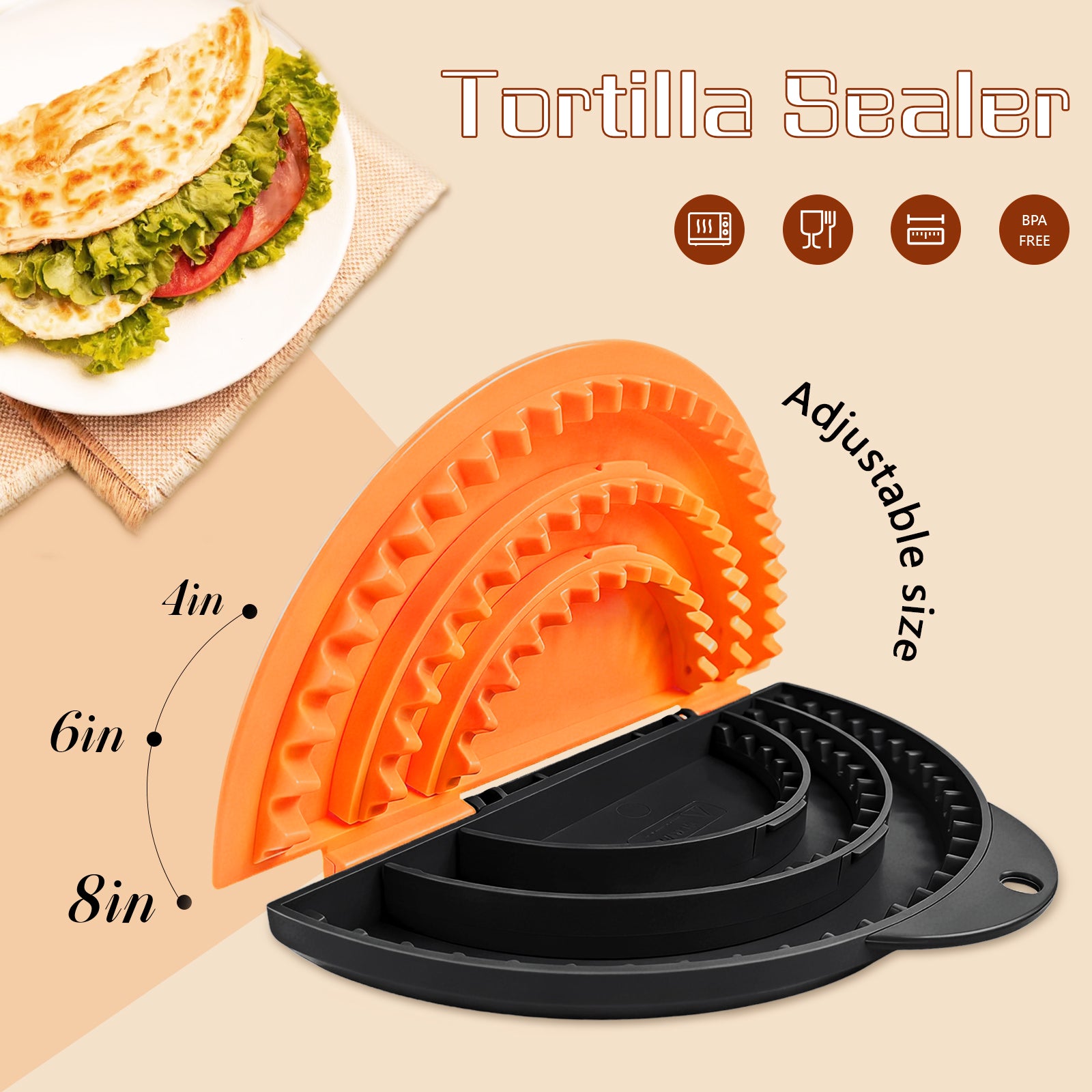 Tortilla Sealer,SELERS,Tacos Tortilla Crimper Maker Large,Removable & Adjustable,Quesadilla Crimper for 4''-12'' Wraps, Burritos,Pasties,Tortilla,Dumplings,Sandwich,Black Orange (4"+6"+8")