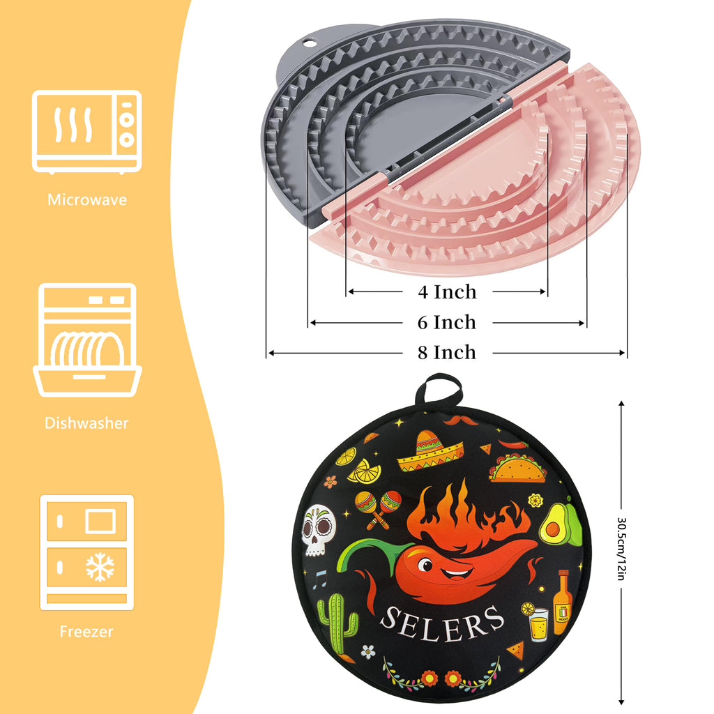 Tortilla Sealer + 12 Inch Tortilla Warmer Pouch Set, SELERS, Tacos tortilla crimper Maker, Removable & Adjustable Small Sealer, For 4-10" Flour Tortillas, For Pasties, Dumplings, Sandwich, Grey Pink