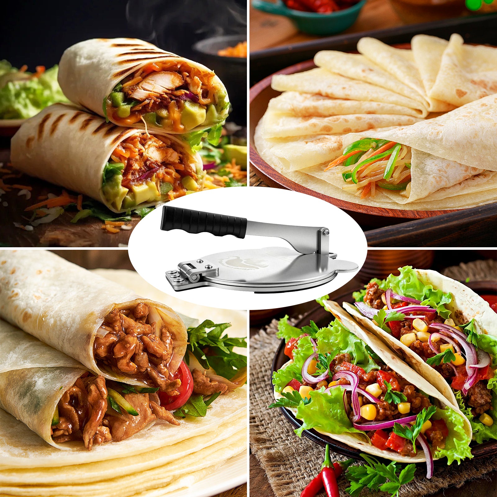 Tortilla Press Stainless Steel，SELERS,Heavy Duty, Adjustable To Press Different Thickness Of Crust, Removable, For Flour Tortilla, Roti, Flatbreads, Taco, Pie, Silver (8.5 inch)