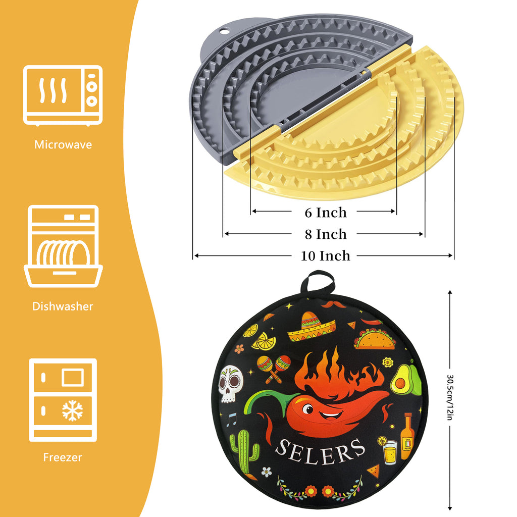 Tortilla Sealer + 12 Inch Tortilla Warmer Pouch Set,SELERS,Tacos tortilla crimper Maker,Removable & Adjustable Small Sealer,For 4-10" Flour Tortillas,For Pasties,Dumplings,Sandwich,Grey Yellow