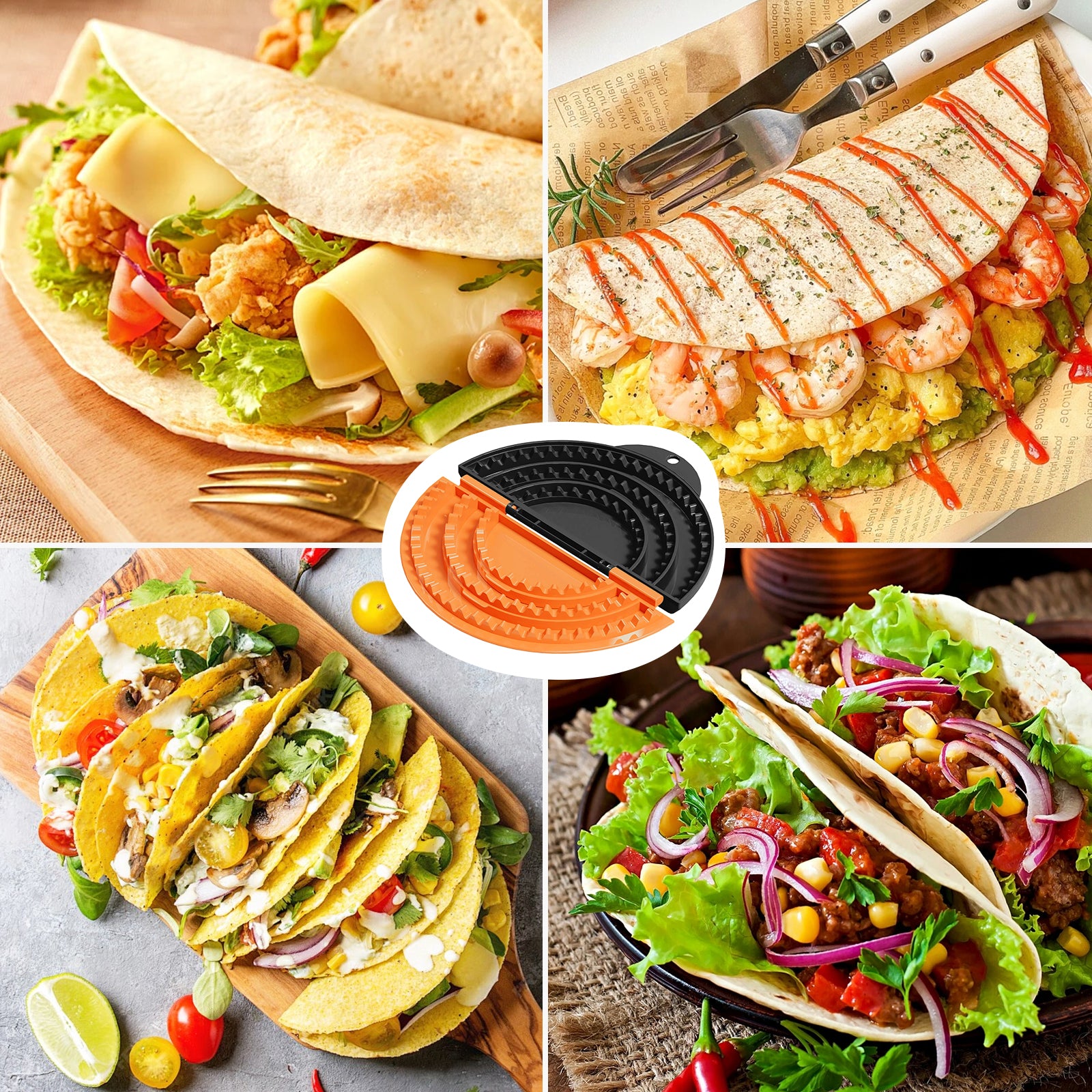 Tortilla Sealer,SELERS,Tacos Tortilla Crimper Maker Large,Removable & Adjustable,Quesadilla Crimper for 4''-12'' Wraps, Burritos,Pasties,Tortilla,Dumplings,Sandwich,Black Orange (6"+8"+10")