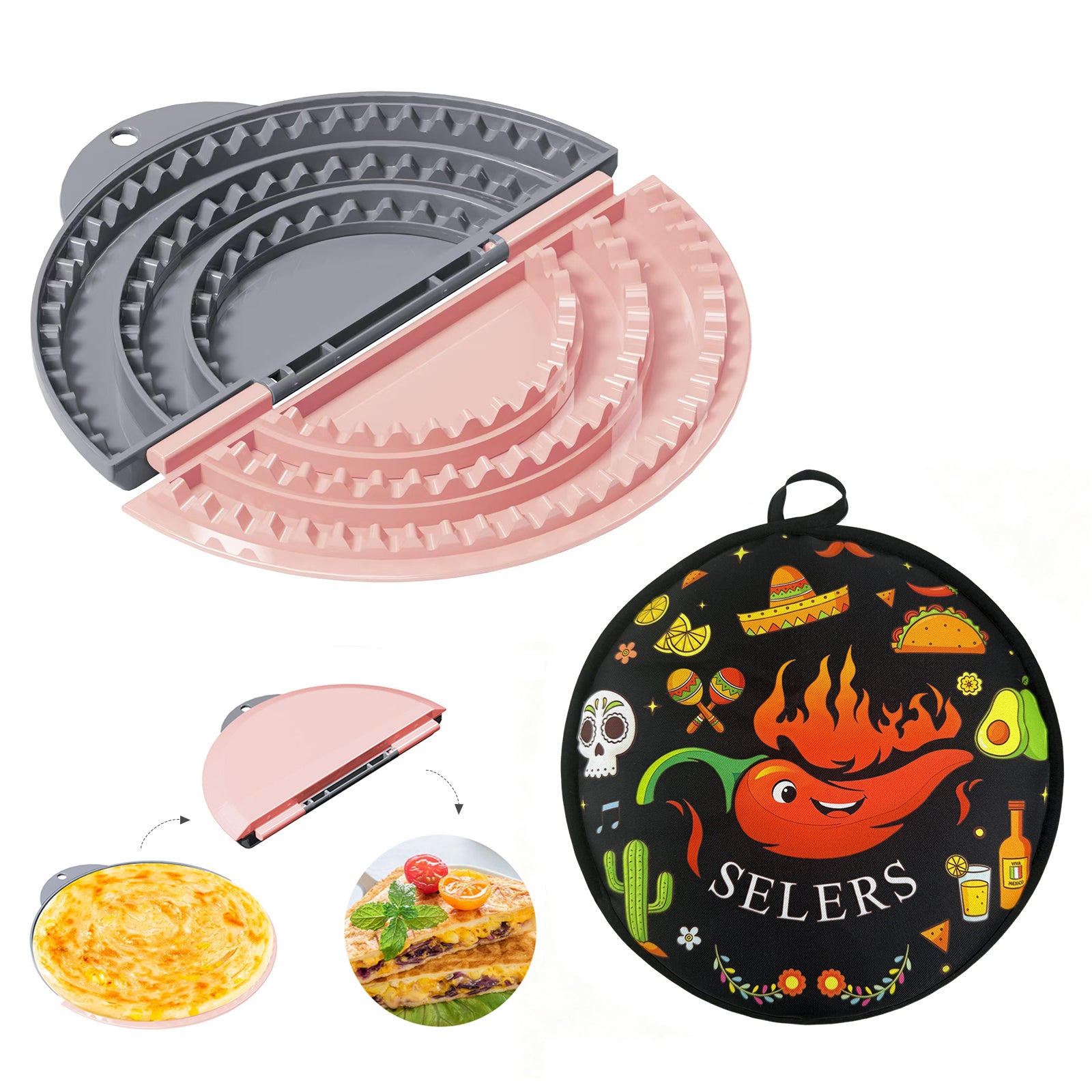 Tortilla Sealer + 12 Inch Tortilla Warmer Pouch Set, SELERS, Tacos tortilla crimper Maker, Removable & Adjustable Small Sealer, For 4-10" Flour Tortillas, For Pasties, Dumplings, Sandwich, Grey Pink