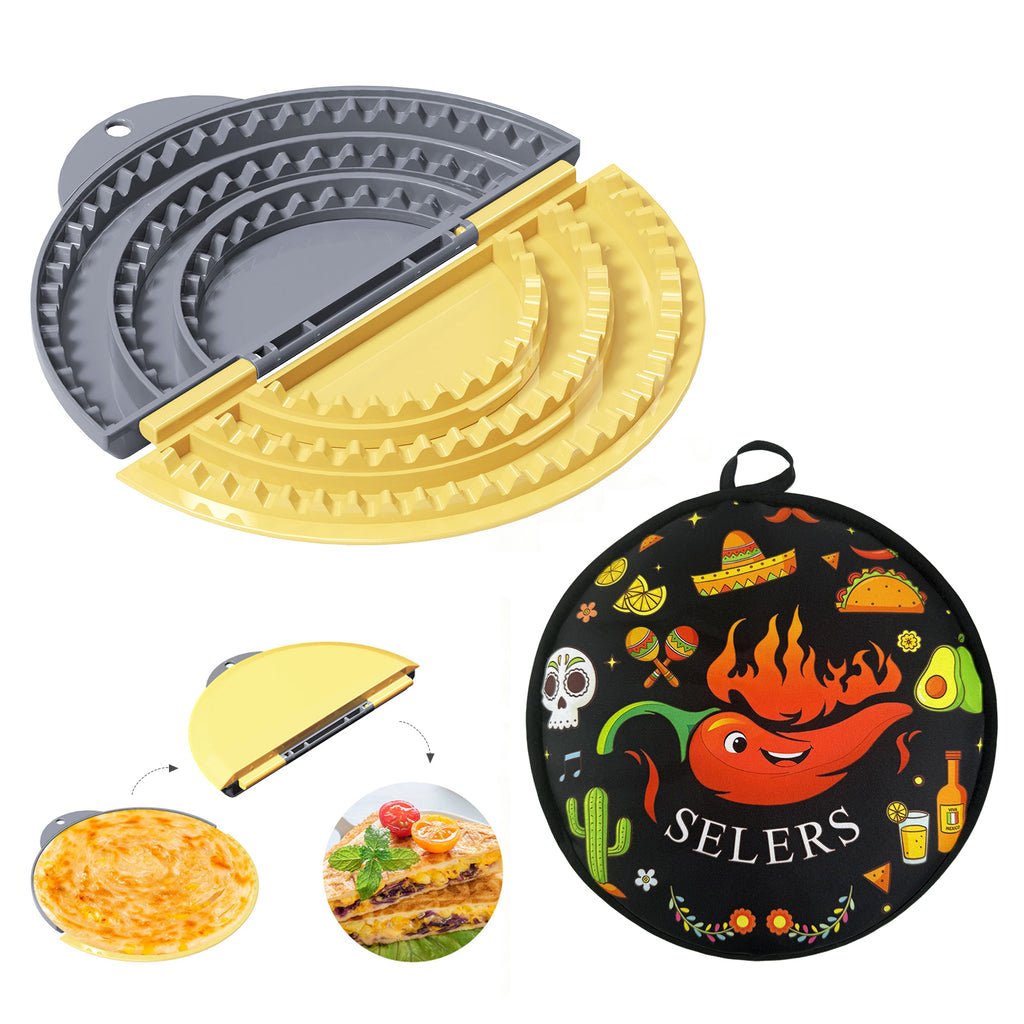 Tortilla Sealer + 12 Inch Tortilla Warmer Pouch Set,SELERS,Tacos tortilla crimper Maker,Removable & Adjustable Small Sealer,For 4-10" Flour Tortillas,For Pasties,Dumplings,Sandwich,Grey Yellow